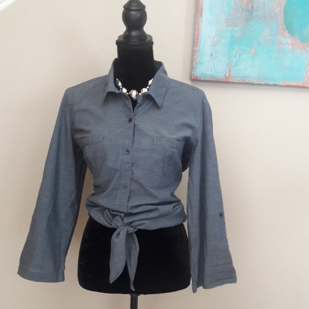 Loft Denim Blue Tie Waist Button  Down Top Sz L